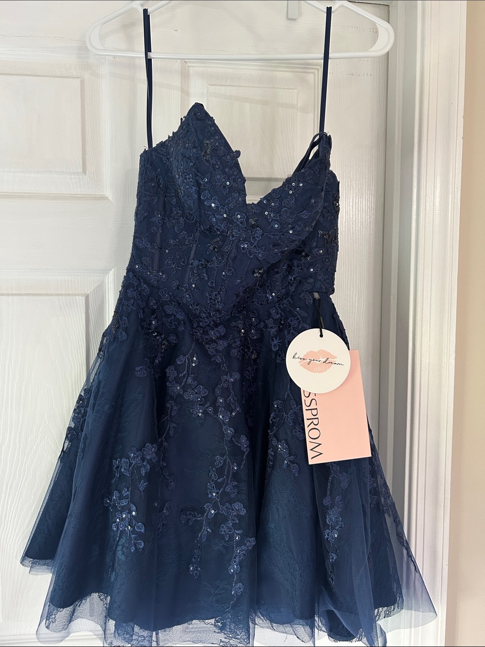 Lace & Sequin Navy Homecoming Dress with Spaghetti Straps